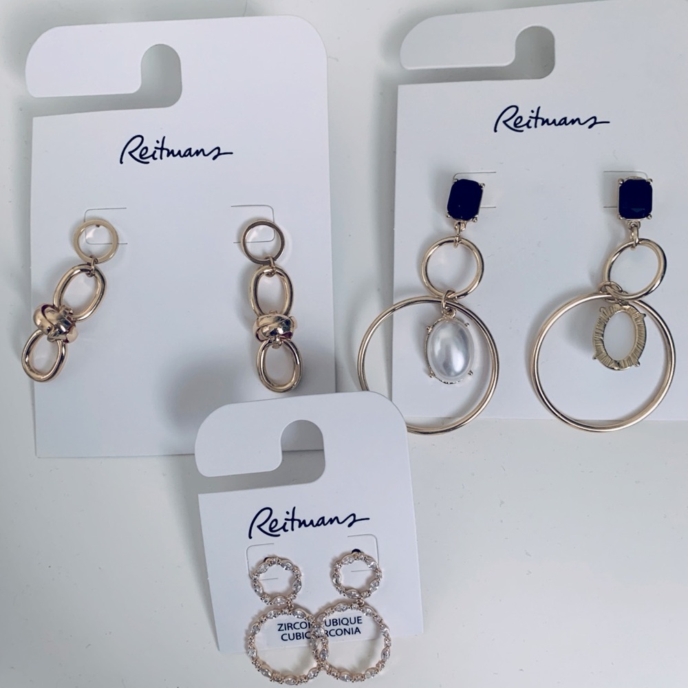 Reitman’s Gold and Jewelled Dangly Earring Set of 3